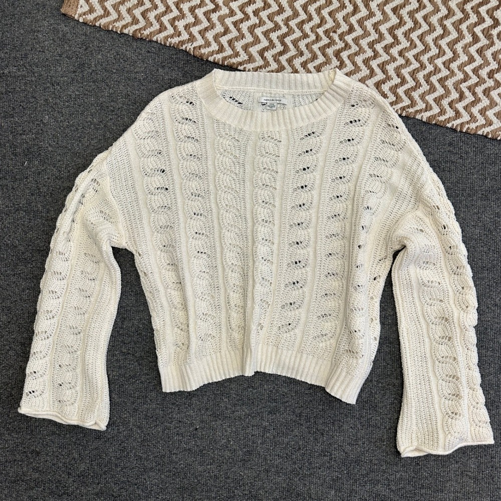 American Eagle Cream Cable Knit Pointelle Bell Sleeve Sweater Womens Small‎ S